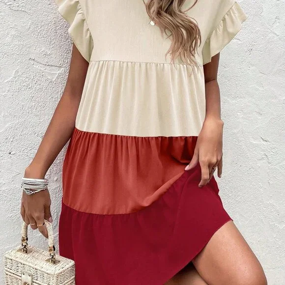 Multicolor boho Women's Colorblock Round Neck Casual Loose Mini Dress - Picture 6 of 6